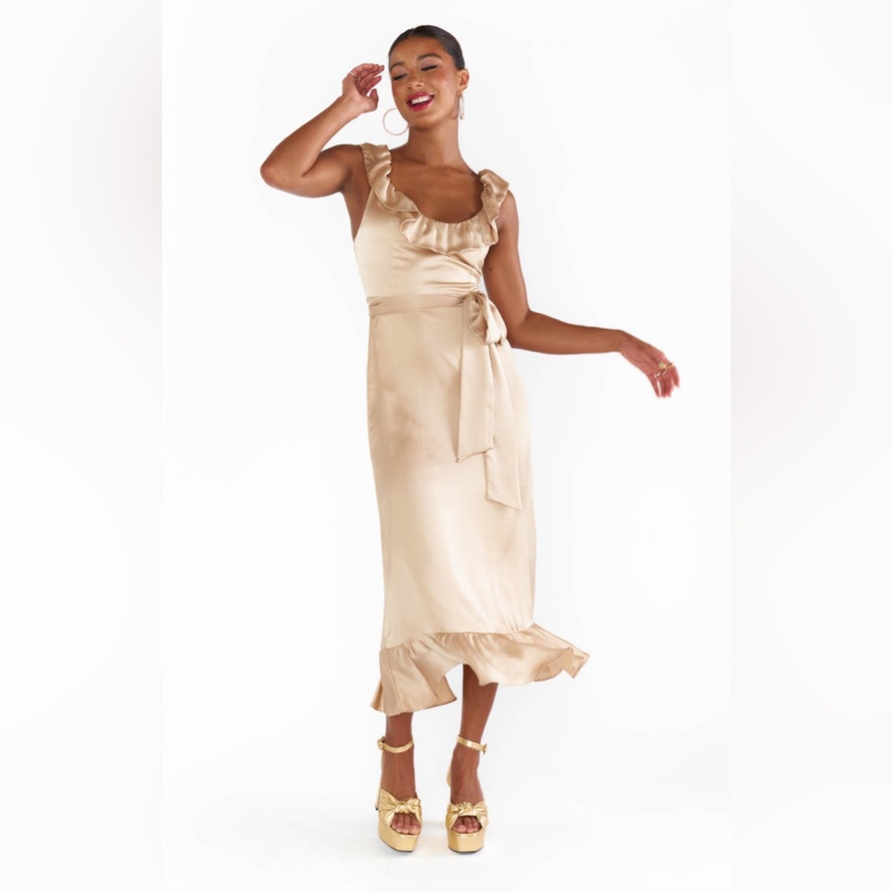 Show Me Your MuMu Alexis Midi Dress Small Champagne Luxe Satin - Picture 3 of 14